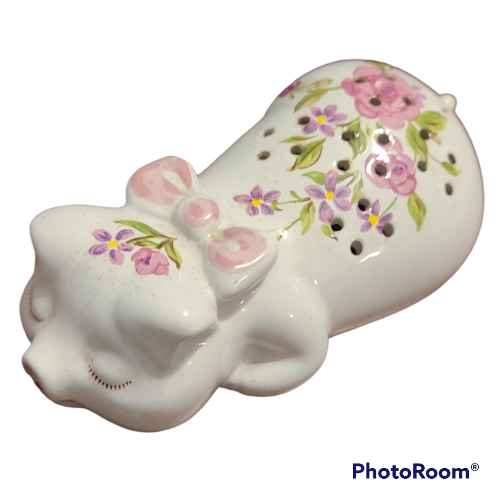 1978 Avon Floral Sleeping Piglet Potpourri/Talc Holder